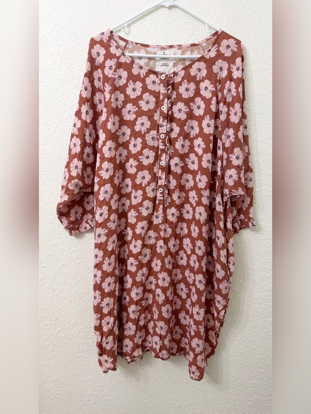 Lokahi Swimwear Pink Floral Button-Front Rust Tunic Cover Up Shirt Dress - L